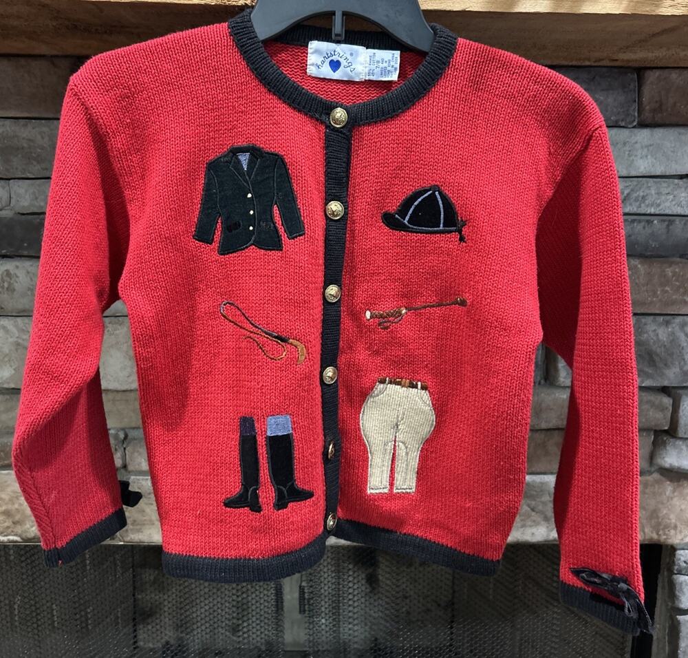 Girls HARTSTRINGS Red Equestrian Cardigan Sweater Size 7/8 Gold Buttons *D4